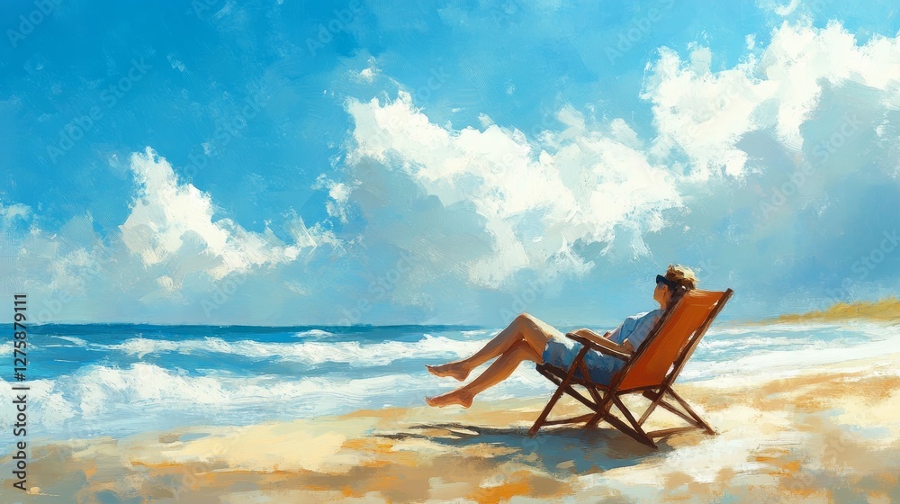 Relaxing seaside scene depicts beach chair leisure and tranquil blue Relaxing seaside scene depicts beach chair leisure and tranquil blue