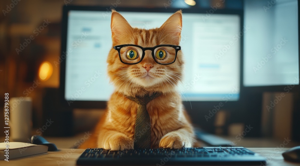 Business cat typing on keyboard in home office focused workspace environment whimsical concept Business cat typing on keyboard in home office focused workspace environment whimsical concept