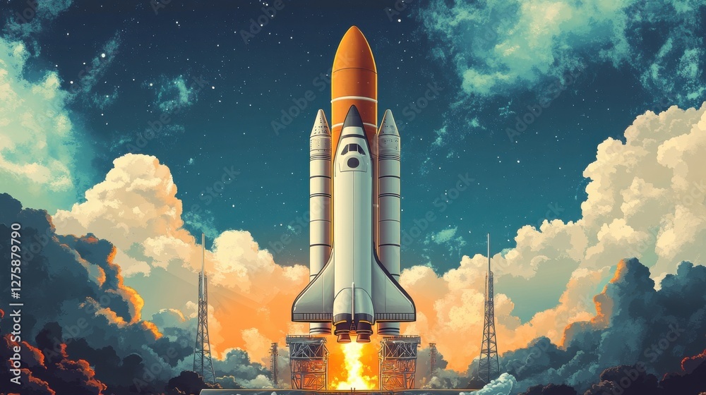 Fototapeta premium Pixel Art Rocket Launch at Night