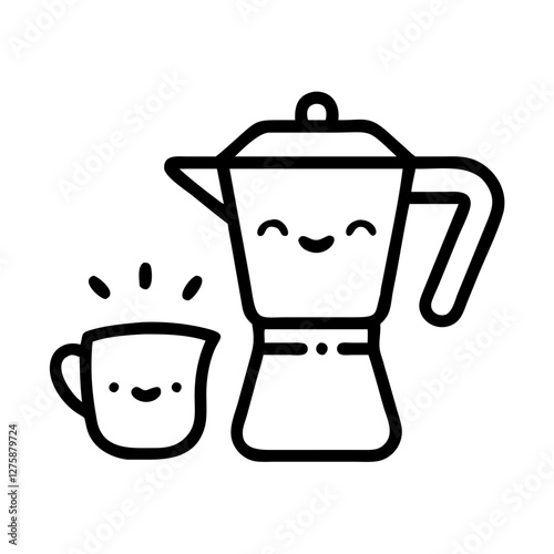 Morning Brew Smiles: A cheerful coffee maker and cup of coffee. Simple illustration conveying warmth.