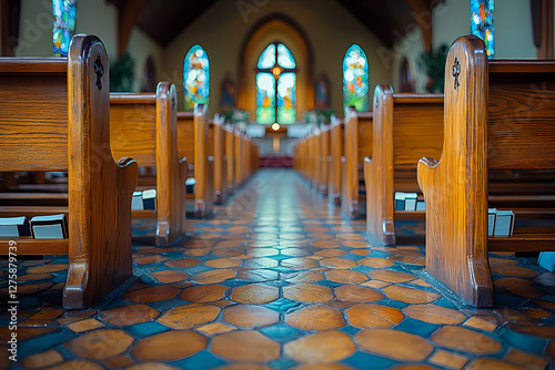 The view from a church pew on Easter Sunday: sunlight streaming through stained glass, hymnals in hand, congregation in pastel colors. photo