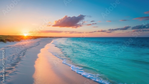 Serene Sunset Over Sandy Peninsula with Turquoise Sea Creating a Tranquil Scene of Natural Beauty and Calmness.