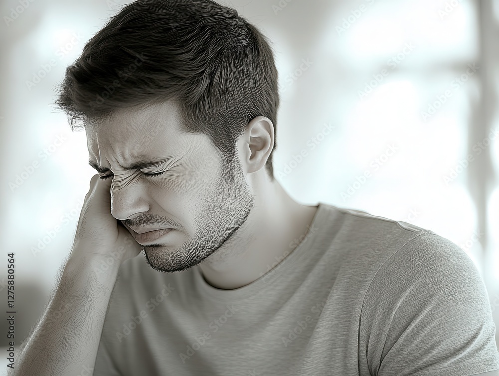 Fototapeta premium Young Man Displaying Emotional Pain and Distress in Soft Light Setting