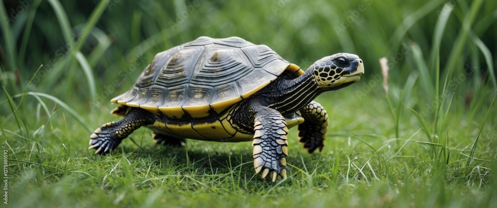 Fototapeta premium Turtle Grazing on Lush Green Grass in a Natural Habitat Under Bright Daylight