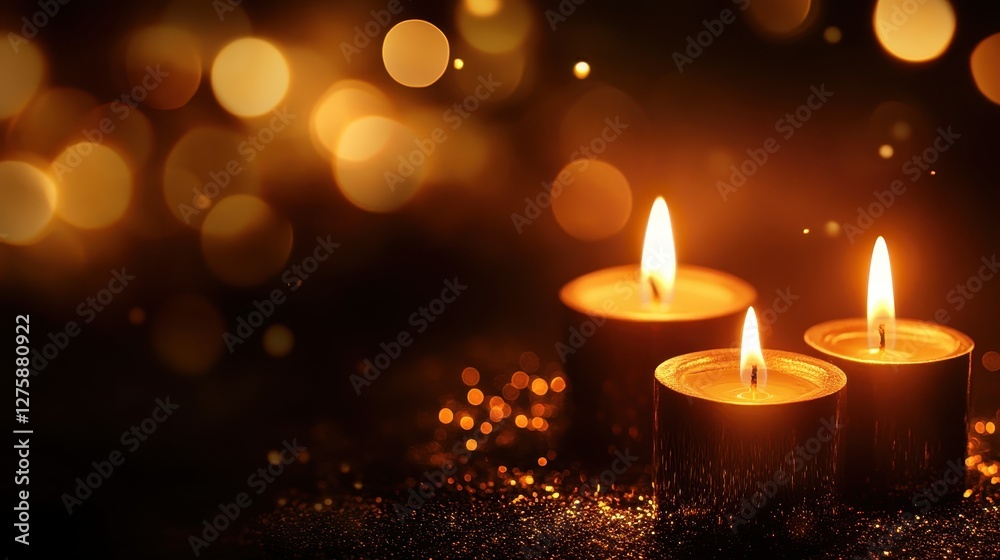 Three elegant candles flicker against a backdrop of warm golden bokeh, creating a serene and romantic ambiance. Three elegant candles flicker against a backdrop of warm golden bokeh, creating a serene and romantic ambiance.