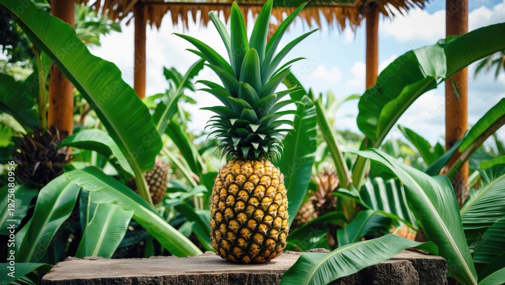 Fototapeta premium Tropical Pineapple Surrounded by Lush Banana Leaves in Garden Setting Ideal for Travel and Nature Inspiration