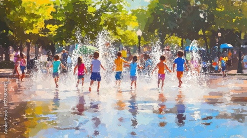 Joyful Children Playing in Water Fountain on a Sunny Day