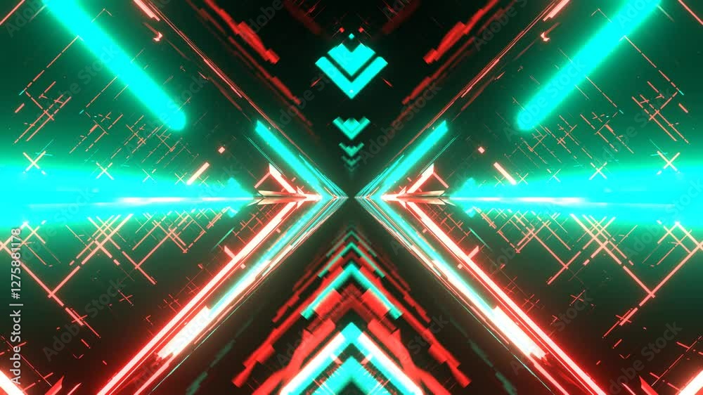 Turquoise and Red Neon Light Movement on the Cyber ​​Grid Background VJ Loop l 4K