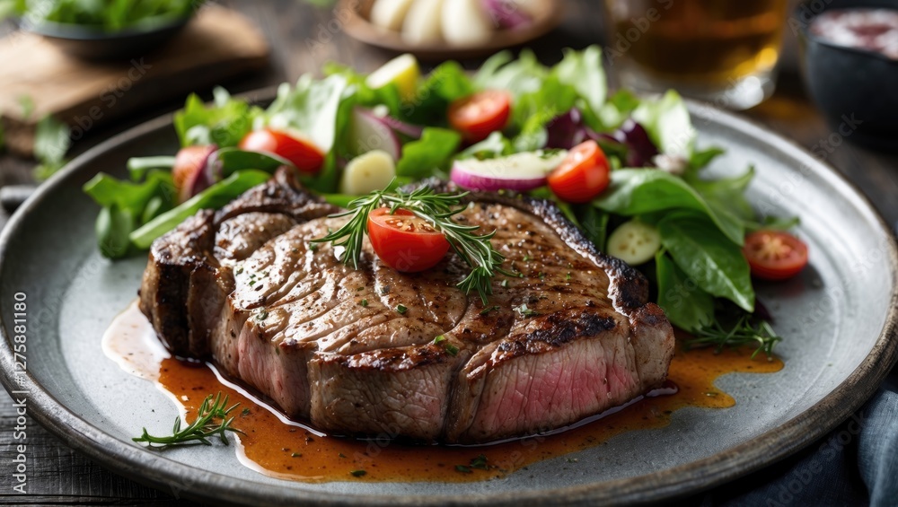Delicious Rib Eye Steak Served With Fresh Garden Salad On Attractive Plate Presentation