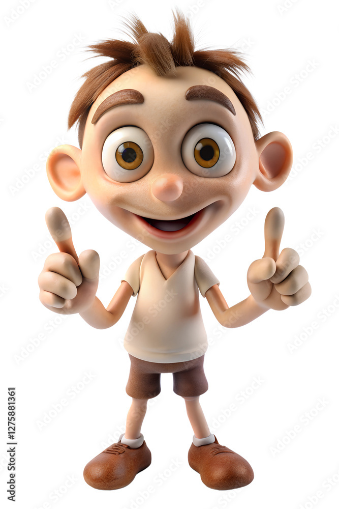 Fototapeta premium Friendly 3D Cartoon Character with Expressive Eyes and Playful Hand Gesture on a White Background, Perfect for Animation, Marketing, and Digital Art.