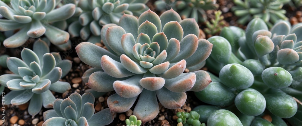 Sedum Pachyphyllum Succulent Plants Arrangement with Copy Space for Text in Natural Light Setting