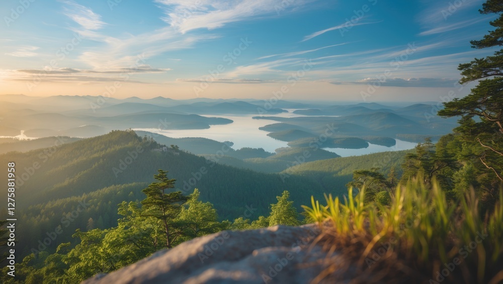 Fototapeta premium Breathtaking panoramic view from a mountainous peak showcasing lush greenery and serene lakes during early summer in a national park.