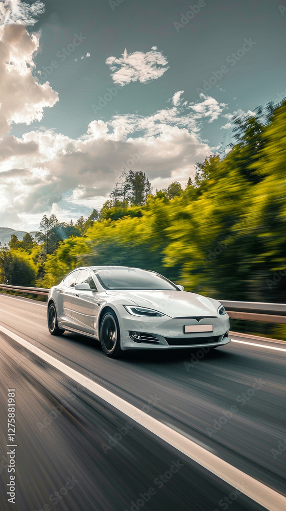 Fototapeta premium A sleek electric car cruises along a vibrant highway, surrounded by lush greenery and a stunning sky, showcasing eco-friendly technology, modern transportation, and sustainable travel.