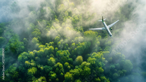 Tranquil morning scene of commercial airplane gliding above fog-shrouded forest landscape demonstrates sustainable aviation amid nature's dawn spectacle