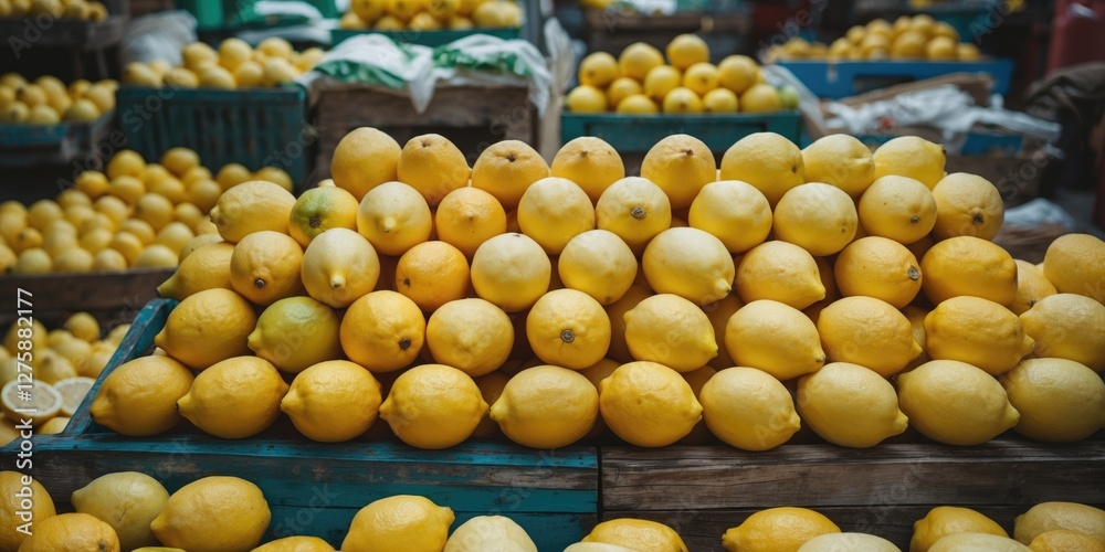 Vibrant display of fresh lemons in market baskets with empty space for text, perfect for food-related ads or designs. Vibrant display of fresh lemons in market baskets with empty space for text, perfect for food-related ads or designs.
