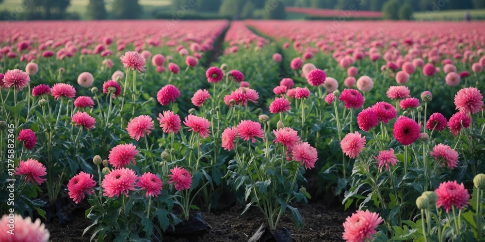 Chrysanthemum Flower Field in Full Bloom with Vibrant Pink Colors and Open Space for Text Overlay Chrysanthemum Flower Field in Full Bloom with Vibrant Pink Colors and Open Space for Text Overlay