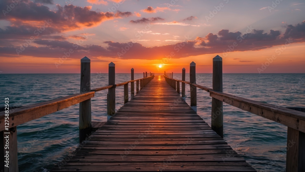 Obraz premium Serene Wooden Pier Leading to a Vibrant Sunset Over Calm Waters Reflecting Orange and Pink Skies