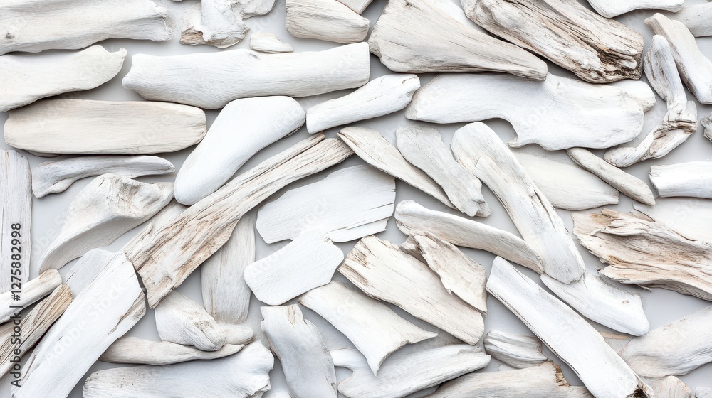 Obraz premium A serene arrangement of white driftwood pieces, showcasing natural textures and shapes, perfect for coastal-inspired decor.