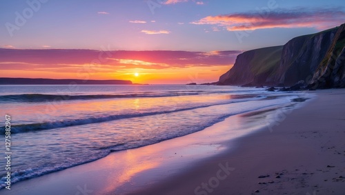 Serene Sunrise Over Sandy Cove Beach at Bay of Fundy With Calm Waters and Vibrant Sky Ideal for Text Overlay