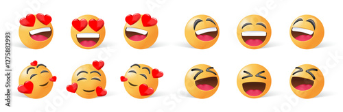 Happy and Love Emoji Faces. Cute Passion and Laughter Icons. Yellow Emoticons with Smiling and Laughing Expressions for Social Media, Messaging, and Digital Design. Vector Illustrations.