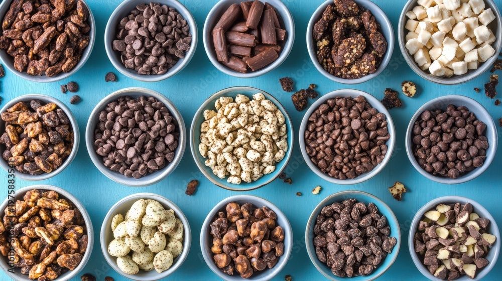 Assorted Snacks in Bowls on Blue Surface, Featuring Chocolates and Popcorn for Party Use Assorted Snacks in Bowls on Blue Surface, Featuring Chocolates and Popcorn for Party Use