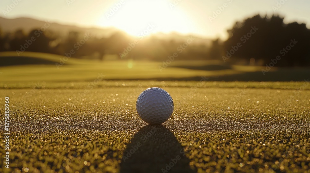 A close-up of a white golf ball on green grass, illuminated by the warm glow of the sunset, creating a serene and peaceful atmosphere. A close-up of a white golf ball on green grass, illuminated by the warm glow of the sunset, creating a serene and peaceful atmosphere.