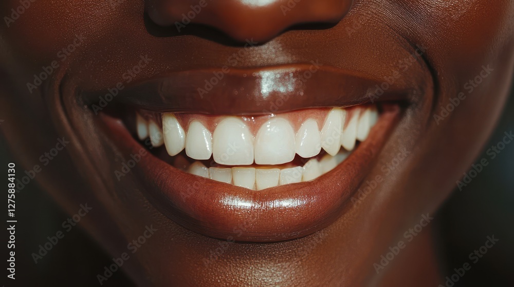Fototapeta premium Close-up of a smiling Black woman, showcasing her radiant white teeth and joyful expression against a soft, blurred background.
