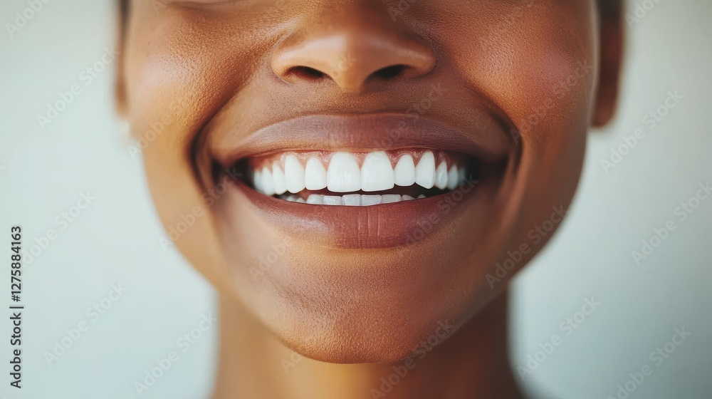 Fototapeta premium A joyful young Black woman smiles brightly, showcasing her radiant white teeth against a soft, neutral background.