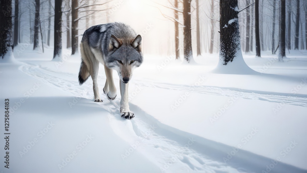 Majestic Wolf in Winter Wonderland: A lone wolf gracefully navigates a snow-covered path through a serene winter forest. The sunlight filters through the trees. Majestic Wolf in Winter Wonderland: A lone wolf gracefully navigates a snow-covered path through a serene winter forest. The sunlight filters through the trees.