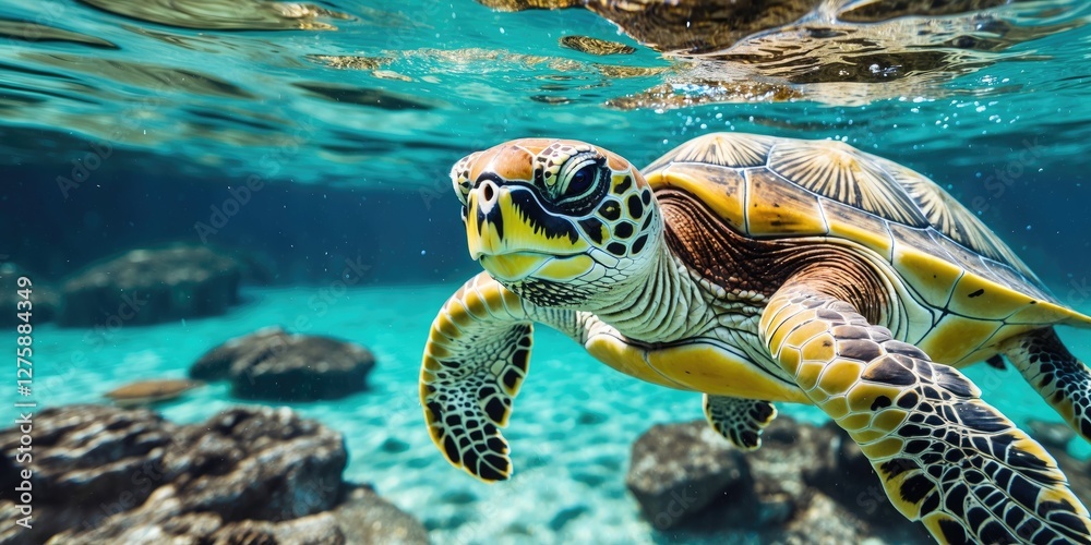 Fototapeta premium Close-up of a Green Sea Turtle swimming gracefully in clear tropical waters with vibrant underwater scenery and space for text overlay.