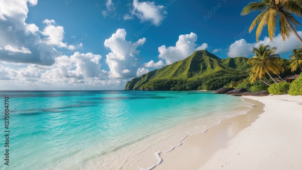 Fototapeta premium Tropical Island Paradise with Turquoise Ocean and Soft Sandy Beach under a Clear Blue Sky for Ideal Vacation Retreat.