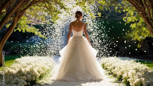 A Bride's Enchanted Walkway: Capturing the essence of a dream wedding, this photo features a bride in a flowing gown walking through a floral-lined path, leading to a world of romance.