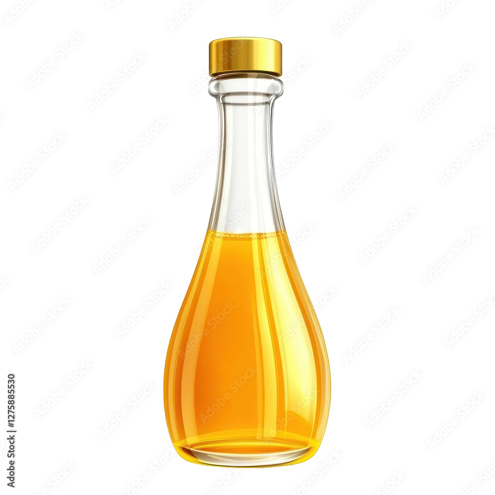 Glass bottle filled with golden liquid on white background isolated on png transparent background, cut out