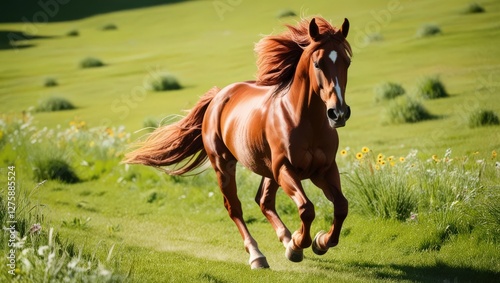 Majestic Gallop: A vibrant chestnut horse gallops freely across a verdant meadow, mane and tail flowing in the wind, showcasing power and freedom. 
