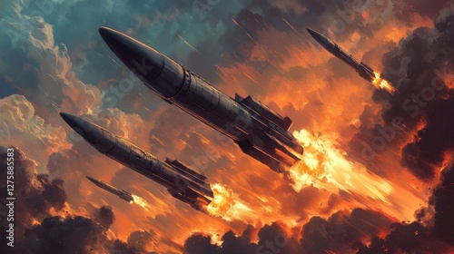 Multiple missiles launch through fiery skies. Illustrates war, conflict, or military action.