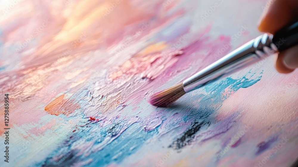 A close-up of a hand applying vibrant paint with a brush on a textured canvas, creating an artistic blend of soft pastel colors. A close-up of a hand applying vibrant paint with a brush on a textured canvas, creating an artistic blend of soft pastel colors.