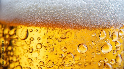 Close-up of a frothy beer glass, featuring golden liquid, bubbles, and condensation, evoking a refreshing and celebratory mood.