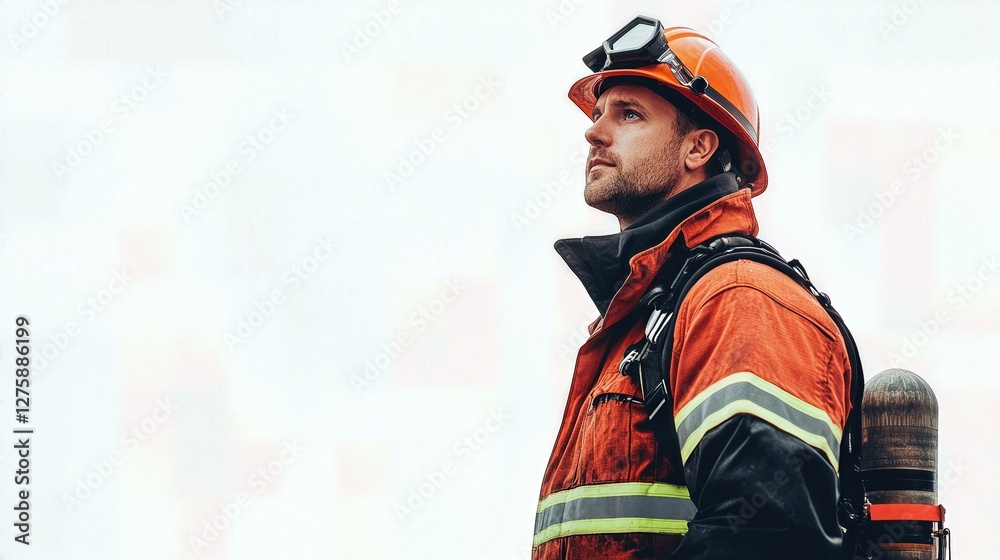 Brave firefighter in protective gear looking into the distance. Confident firefighter wearing protective uniform and helmet, looking ahead with determination, symbolizing courage and emergency respons Brave firefighter in protective gear looking into the distance. Confident firefighter wearing protective uniform and helmet, looking ahead with determination, symbolizing courage and emergency respons