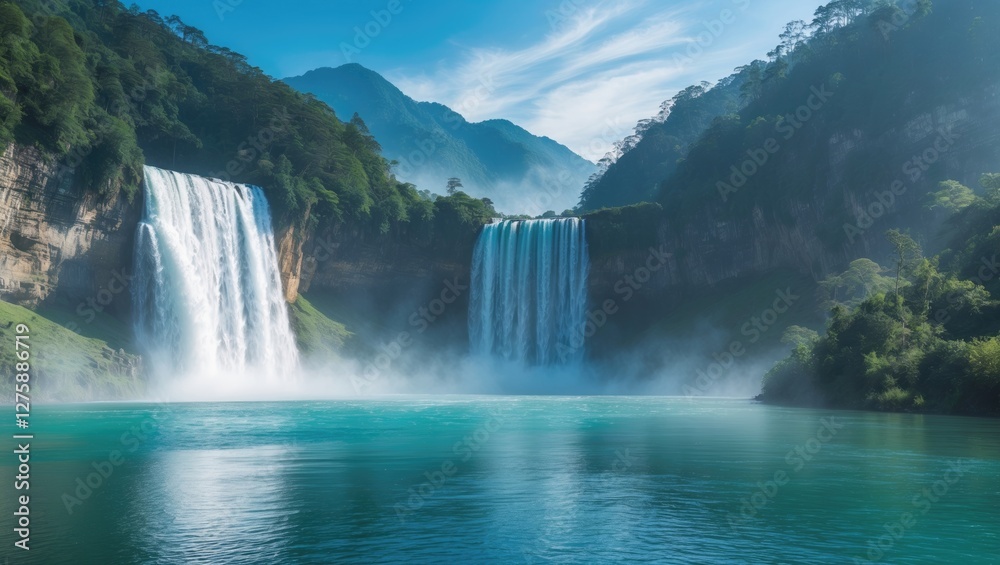 Fototapeta premium Majestic Trchkan Waterfall in a serene landscape with mist and turquoise waters ideal for nature-based projects and text placement