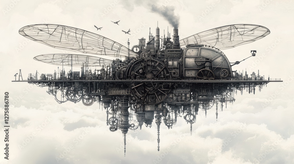 Obraz premium Futuristic steampunk cityscape imaginary world digital art cloudy atmosphere aerial view innovation and mechanism