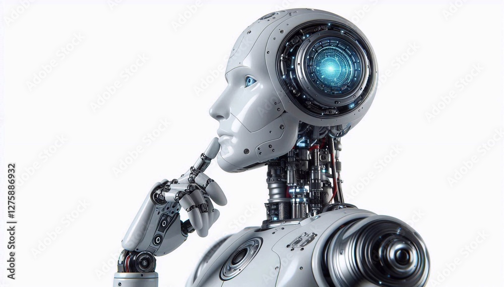 Fototapeta premium AI robot thinking, side view, isolated on white background
