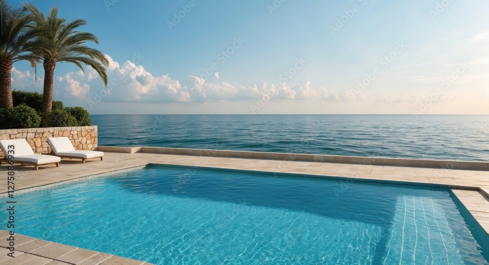 Fototapeta premium Luxurious Swimming Pool Overlooking Serene Sea with Clear Blue Waters and Tranquil Sky Ideal for Vacation or Spa Promotions