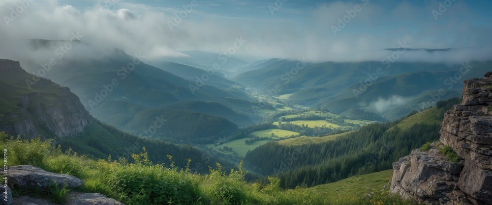 Fototapeta premium Majestic Mountain Landscape with Fog Over Green Valley Under Clear Blue Sky