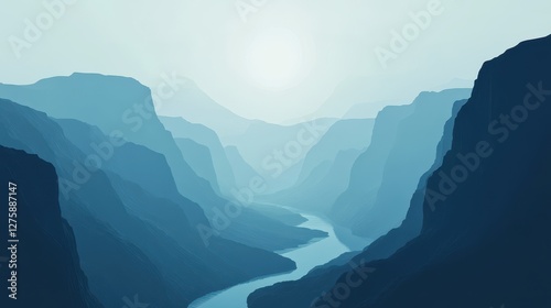 A serene river winds through majestic blue-toned mountains under a soft sunlight, creating a tranquil and immersive landscape.