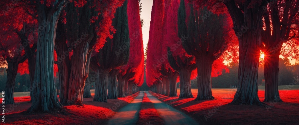 Φωτογραφία Enchanting Red Cypress Tree Tunnel Bathed in Warm Sunset Light Creating a Magical Fairytale Landscape and Serene Pathway