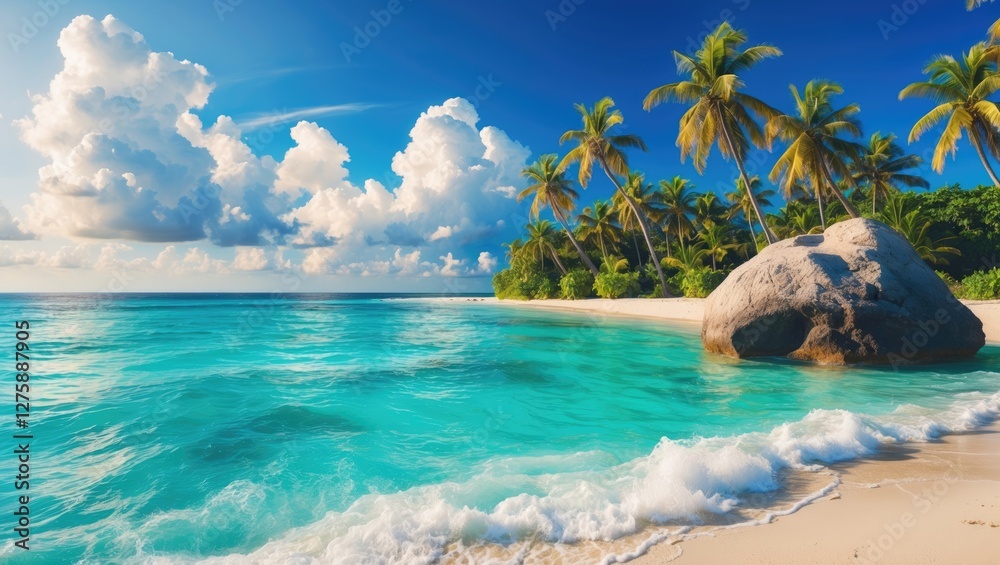 Obraz premium Serene Tropical Paradise with Crystal Clear Water and Rocky Outcrop Surrounded by Lush Palm Trees and Fluffy Clouds in the Sky