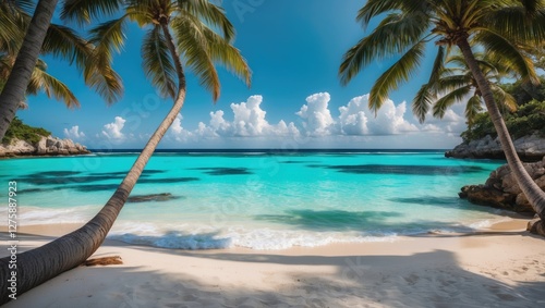 Fototapeta Naklejka Na Ścianę i Meble -  Serene Caribbean Beach with Turquoise Waters and Lush Palm Trees Perfect for a Luxurious Relaxation Getaway in a Tropical Paradise.