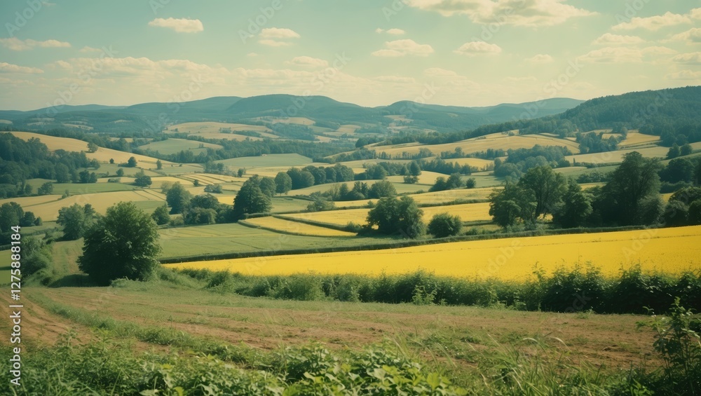 Obraz premium Serene Summer Rural Landscape with Vibrant Fields and Rolling Hills Ideal for Nature Themes and Text Presentation
