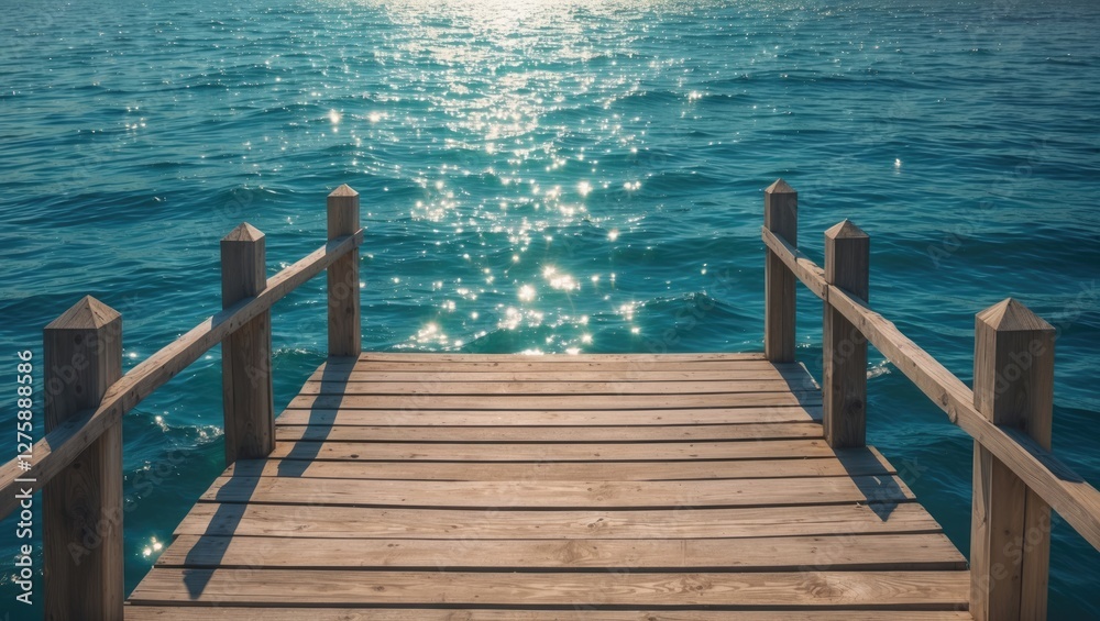 Fototapeta premium Serene Wooden Pier Overlooking Shimmering Blue Sea with Bright Reflections and Clear Space for Text or Branding Elements
