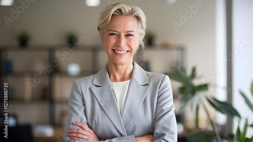 Wallpaper Mural Confident Successful Businesswoman Portrait Professional Senior Woman Executive Leader Smiling Happy Arms Crossed Grey Suit Office Background Modern Workplace Image Team Photo Career Growth Manager    Torontodigital.ca